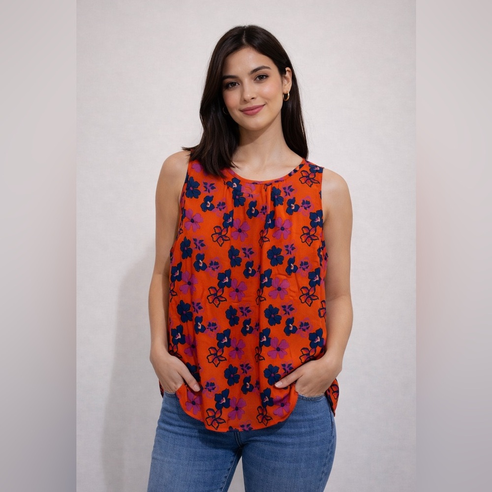 • Tucker • Women’s Silk Blend Floral Tank Top Orange / Purple XL